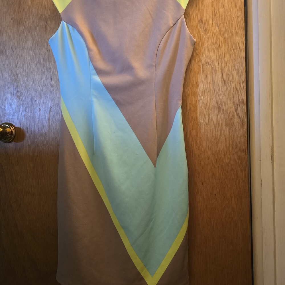 Maggy London Taupe Sheath Dress with Mint and Yellow Chevron